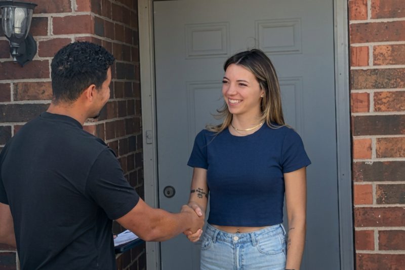 A technician shaking hands with a customer, the inspection paperwork still in his other hand