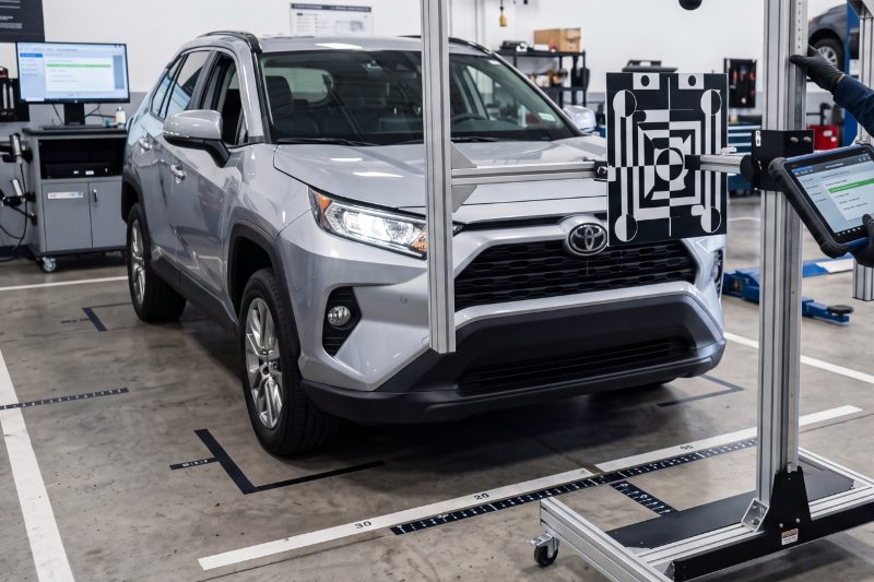 A calibration target set up on a stand in front of a silver SUV, floor markings laid out