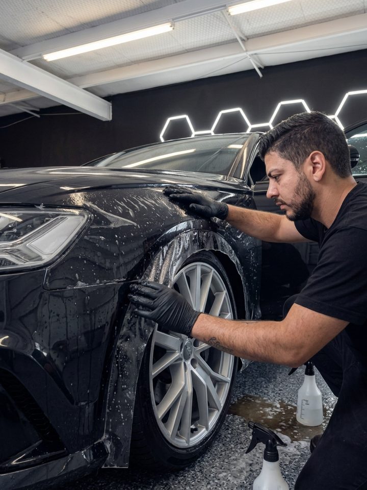 A technician smoothing wet protection film over the front fender of a black car
