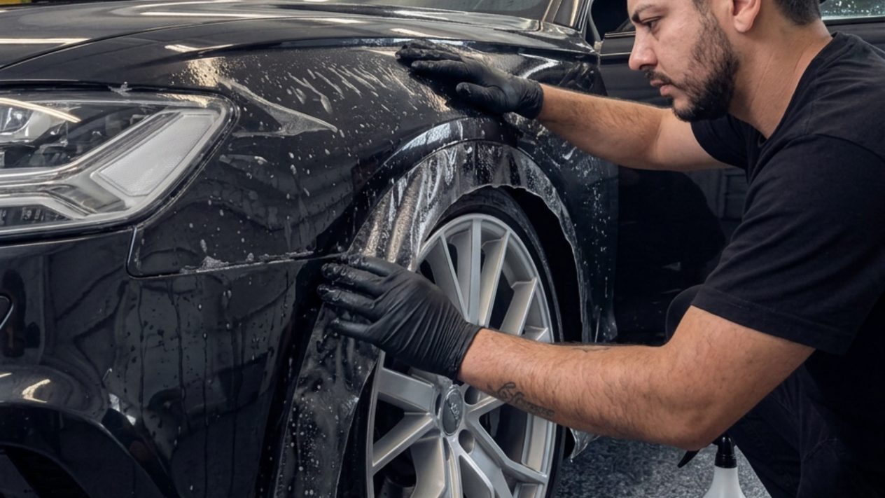 A technician smoothing protection film over the front fender of a black car