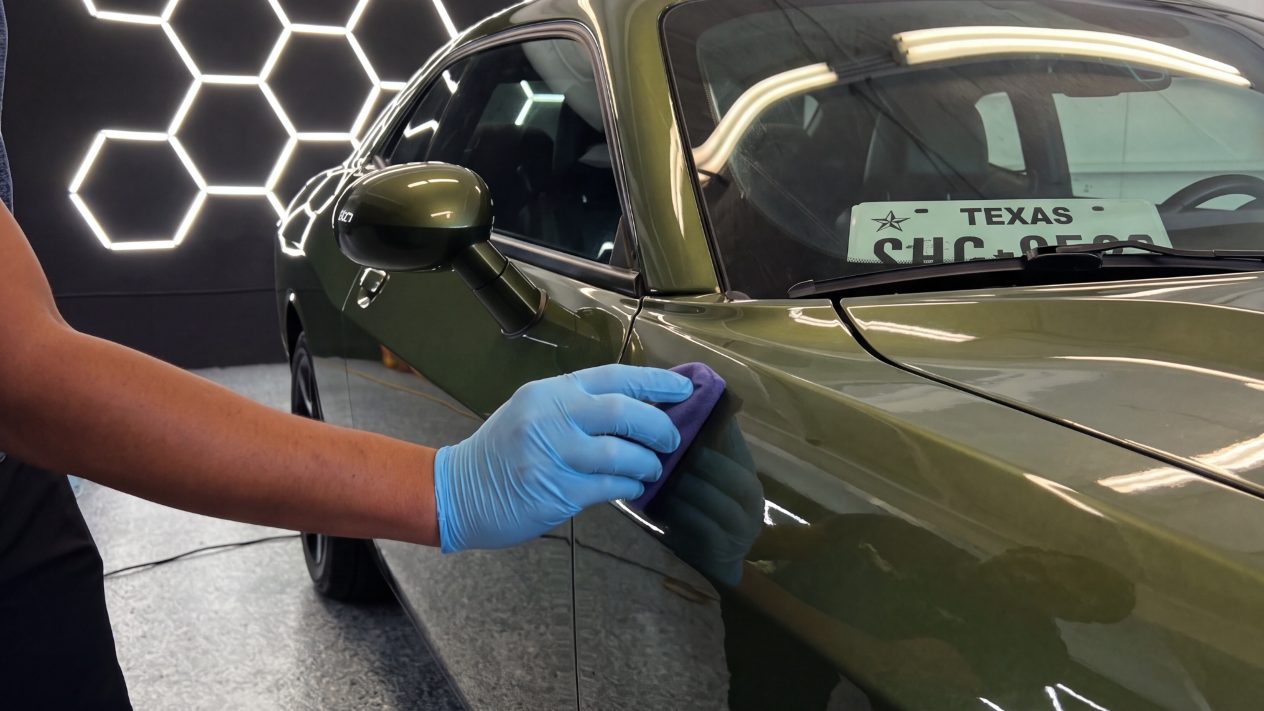 A gloved hand wiping ceramic coating along the side of a dark green sedan