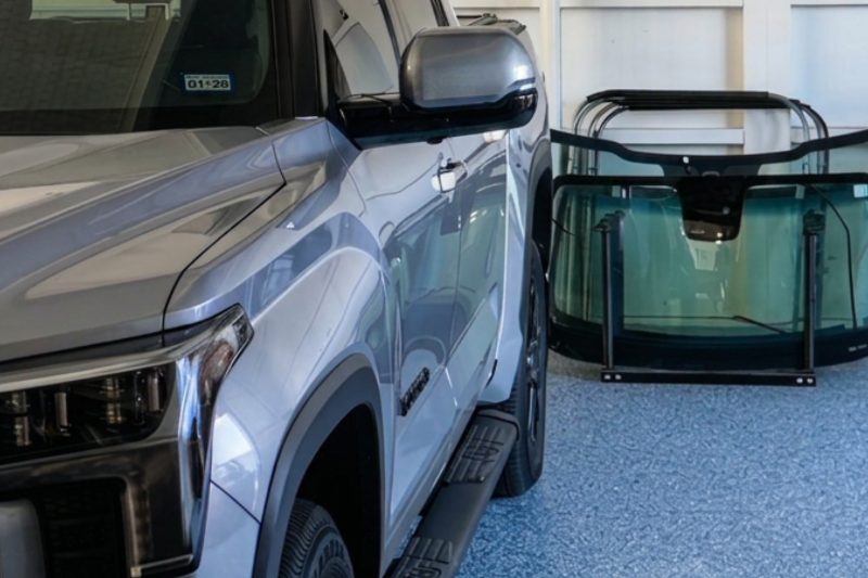 A silver pickup parked beside a rack of replacement windshields