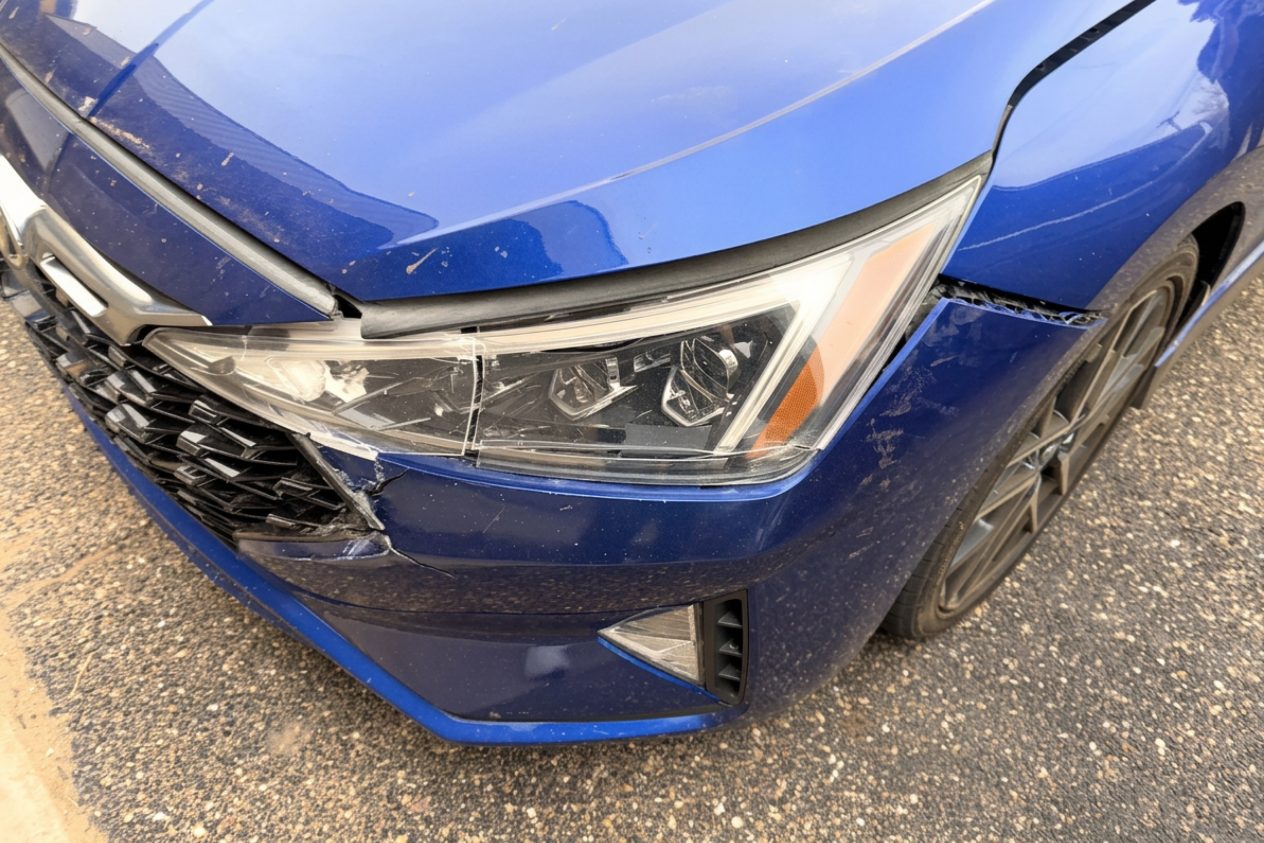 Before: the front corner of a blue sedan with a cracked headlight and a torn bumper